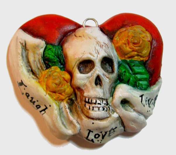 Tattoo Skull on Heart pendant Sculpted of Polymer clay LIVE LOVE LAUGH