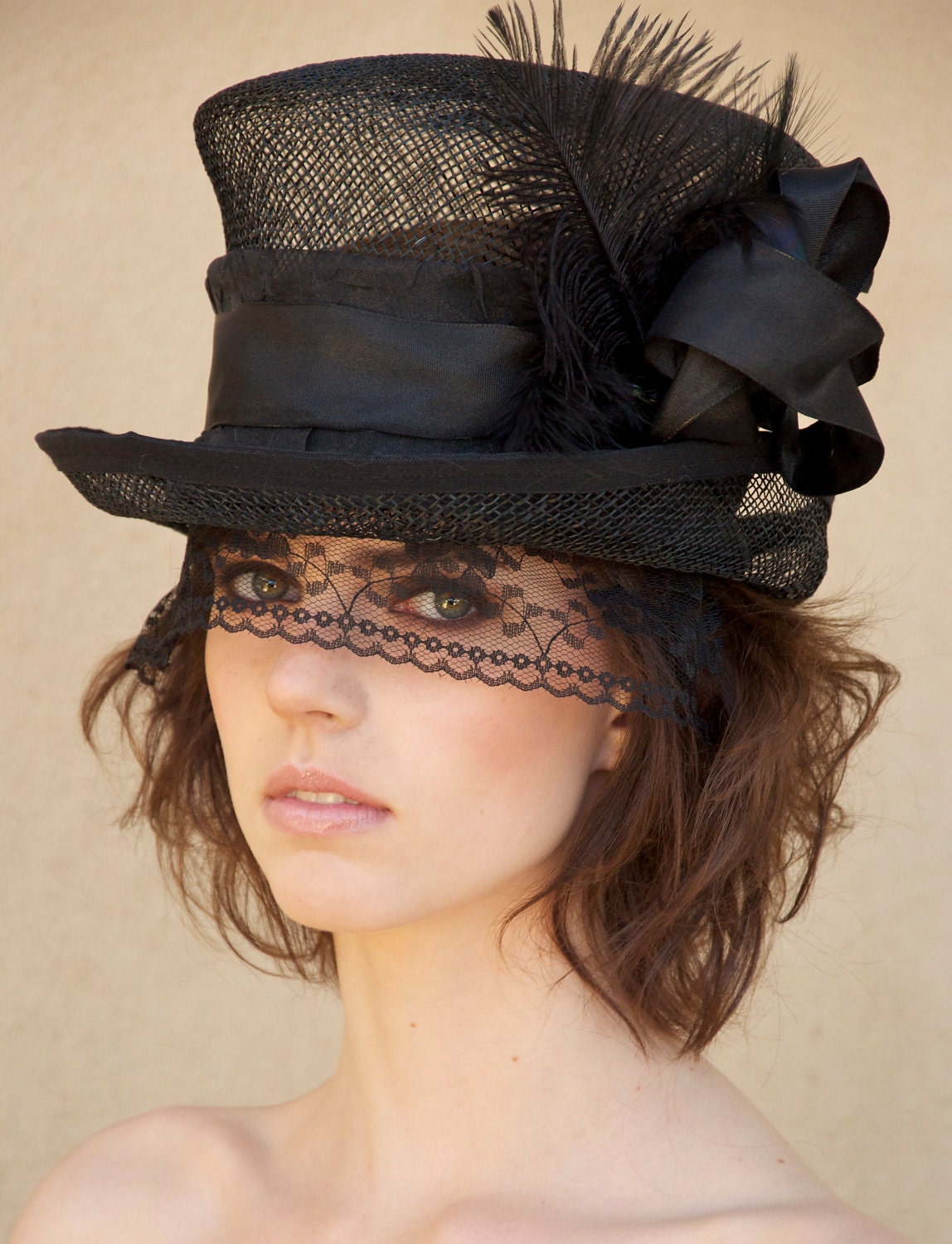 Black Sinamay Victorian riding hat.