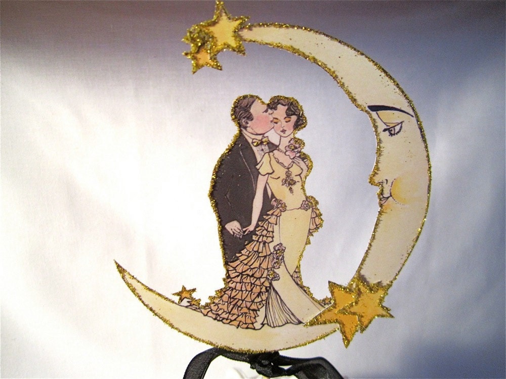 Moon and Stars Wedding Cake Topper Vintage Inspired Bride And Groom On 