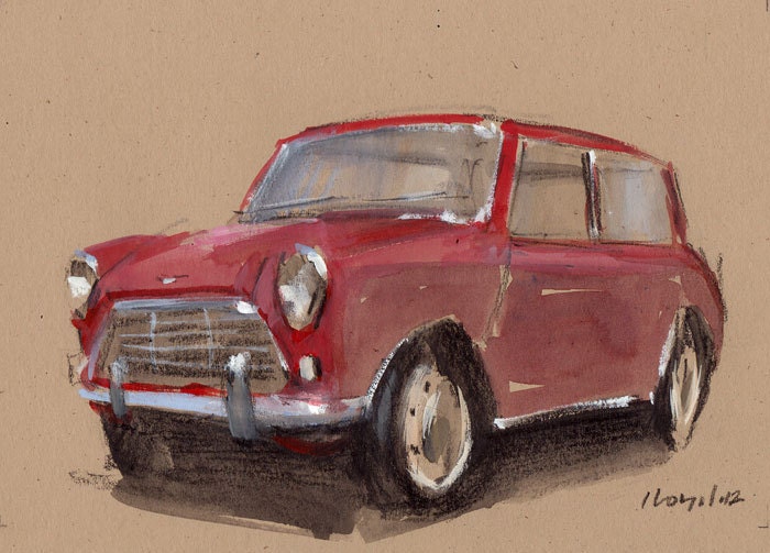 Original Painting Mini Cooper Vintage Auto Watercolor Sketch Drawing 5x7