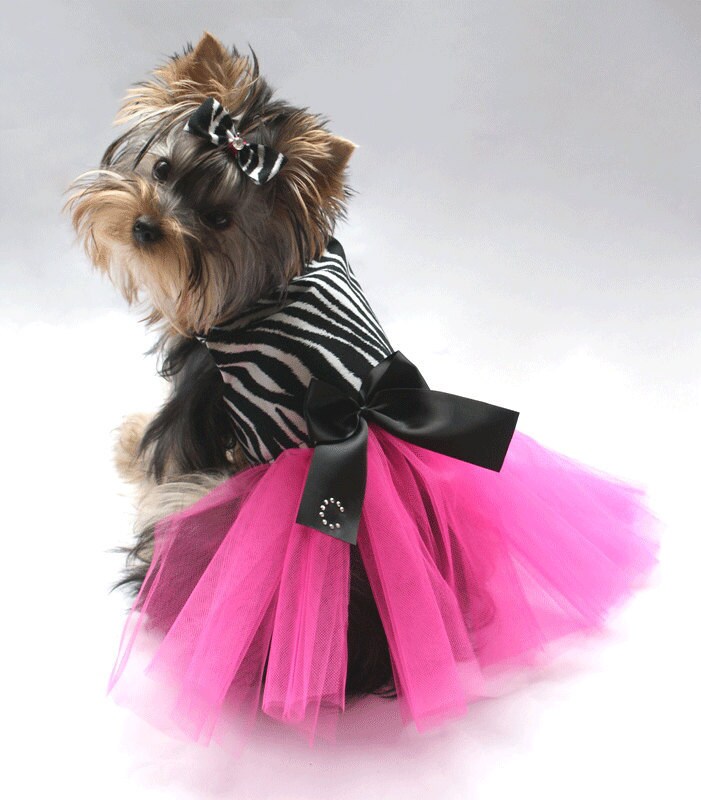 Rockabilly Zebra Hot Pink Black Bling Dog Tutu Dress and Free Matching 