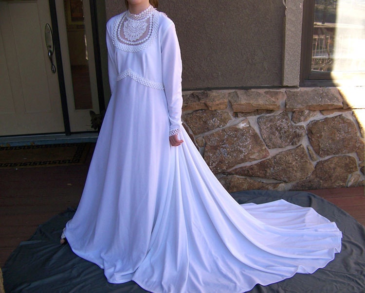 Vintage wedding gown 1960s medieval tent dress with long train high waisted