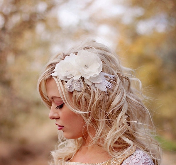 Wedding hair piece ivory flower bridal headpiece feather hair clip 