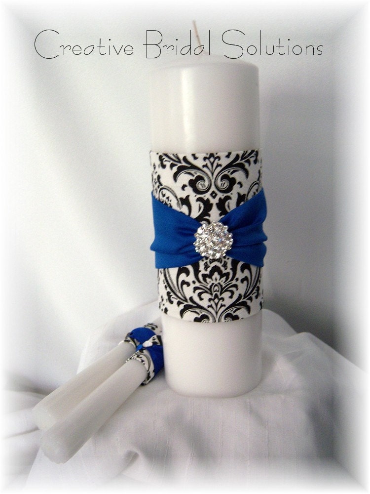 Black and White Madison Damask with Royal Blue Wedding Unity Candle Set
