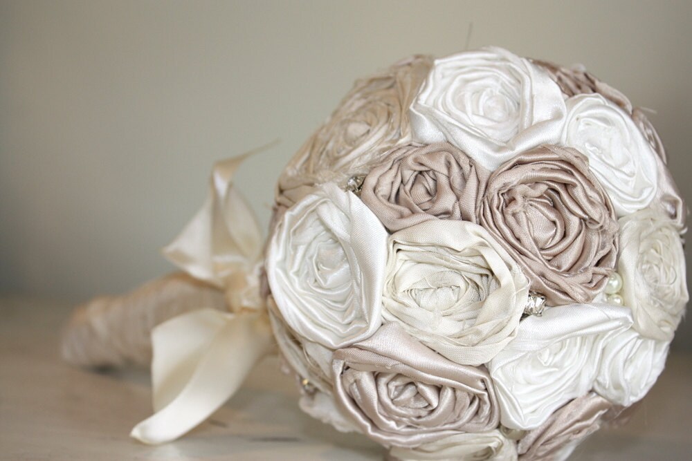  fabric flower bridal bouquet in ivory and cream rosettes Shabby chic 