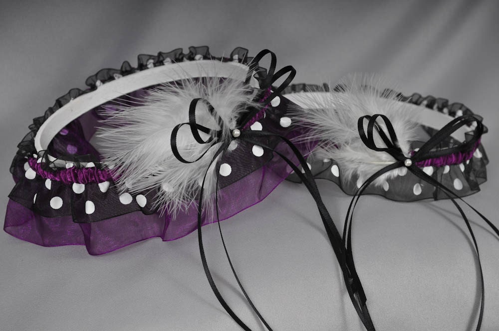 Wedding Garter Set in Plum and Black Polka Dot with Pearls and Marabou 