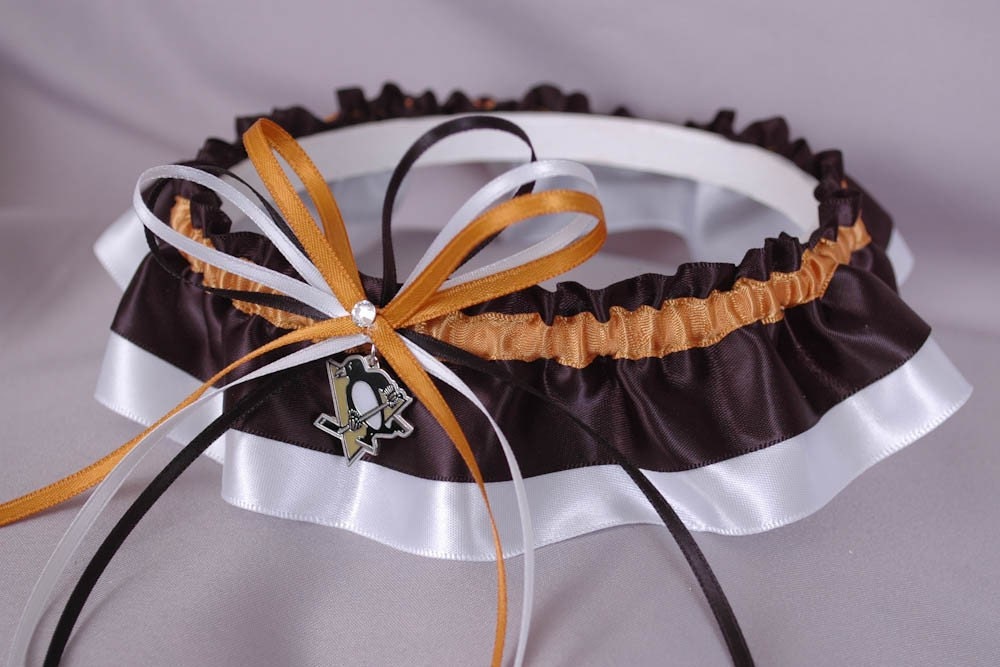 Pittsburgh Penguins Inspired Wedding Garter in Old Gold Black and White 