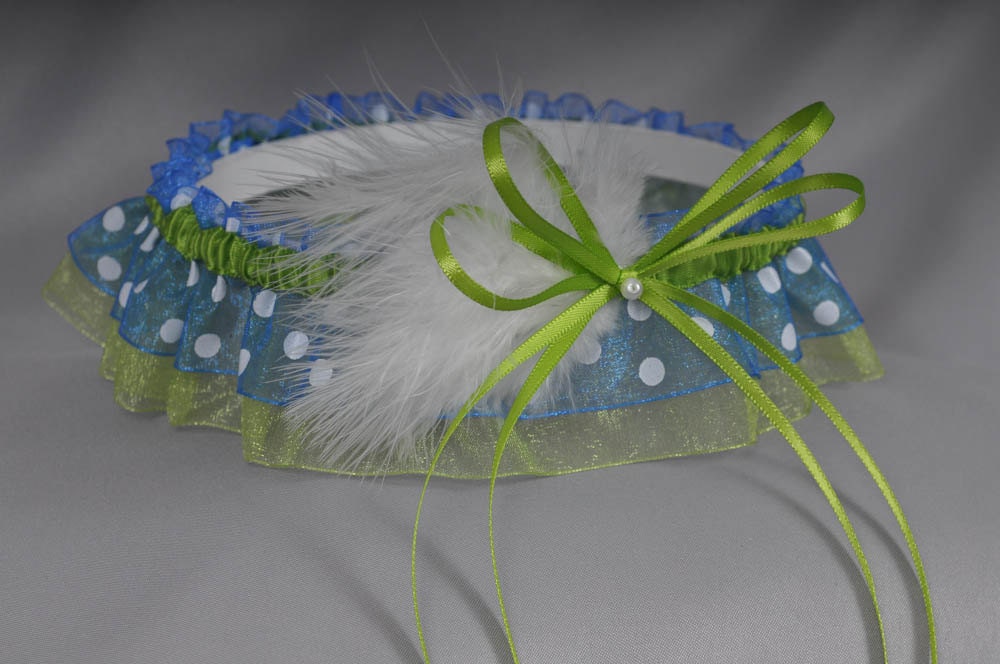 Wedding Garter in Lime Green and Royal Blue Polka Dot with Pearl and Marabou 