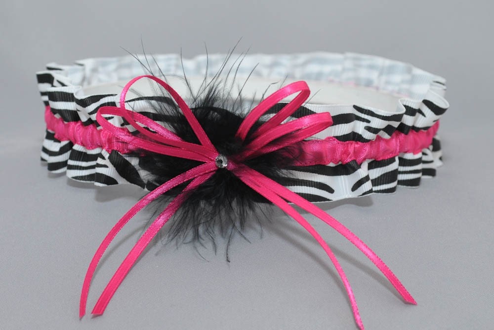 Wedding Garter in Hot Pink and Zebra Print Grosgrain with Swarovski Crystal