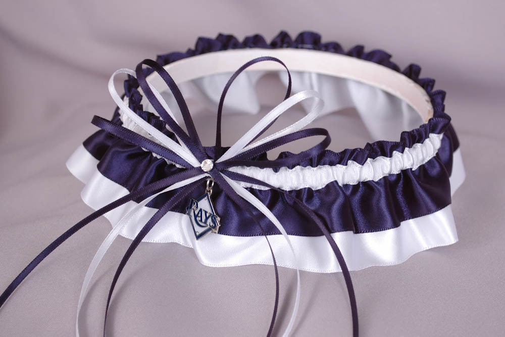 Tampa Bay Rays Inspired Wedding Garter in Navy Blue and White Satin with 