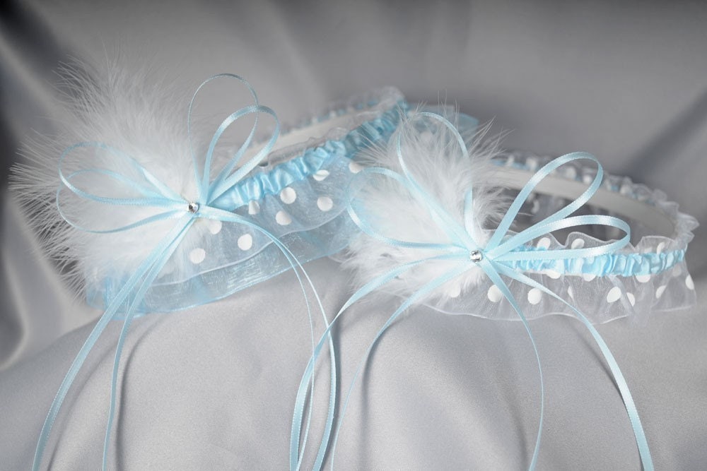 Something Blue Wedding Garter Set in Pale Blue and White Polka Dot with 