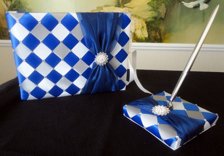 Royal Blue White and Silver Wedding Guest Book and Pen Set Holder with 