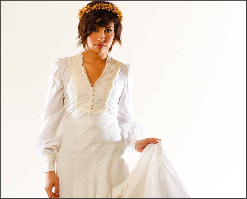 Exquisite JOSEPH MAGNIN Cheveron Lace Gypsy Boho Dress Vintage WeddingSml 