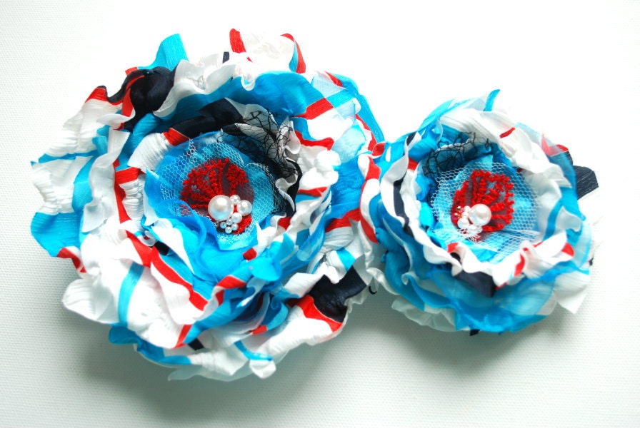 Aqua bluenavy blueredwhiteNautical striped fabric flowersSet of
