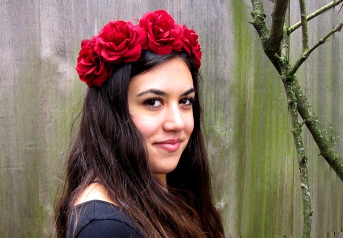 Rose Crown Deep Red Velvet Rose Hair Wreath Frida Kahlo 