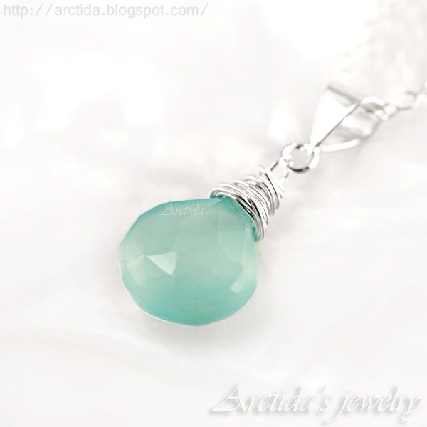 Mint necklace aqua blue Chalcedony necklace sterling silver spring wedding