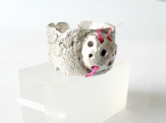 Sterling Silver Textured Ring-Lace Texture -Pod Filled With Red Silk-Unique-Lost Wax Method-Contemporary Design
