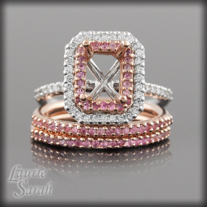 Pink Sapphire and Diamond Semi Mount Engagement Ring with Two Matching Pink 