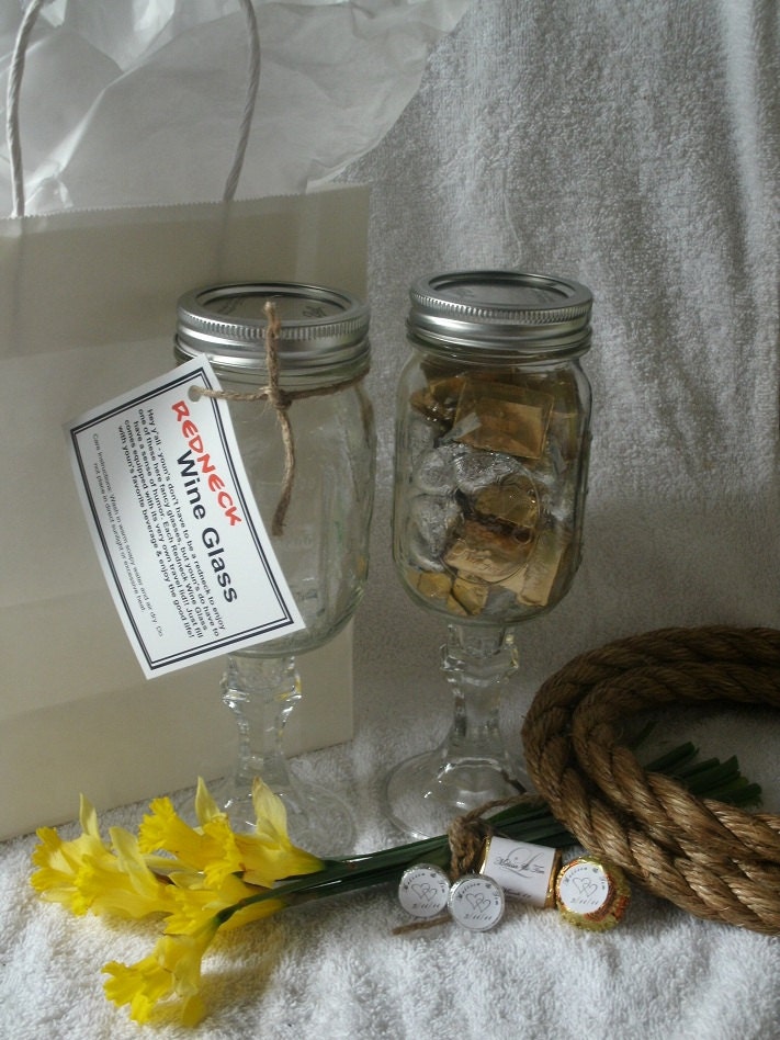 2 Redneck Hillbilly Wine Glass Mason Jar Wedding Shower Stemware Favor Set 