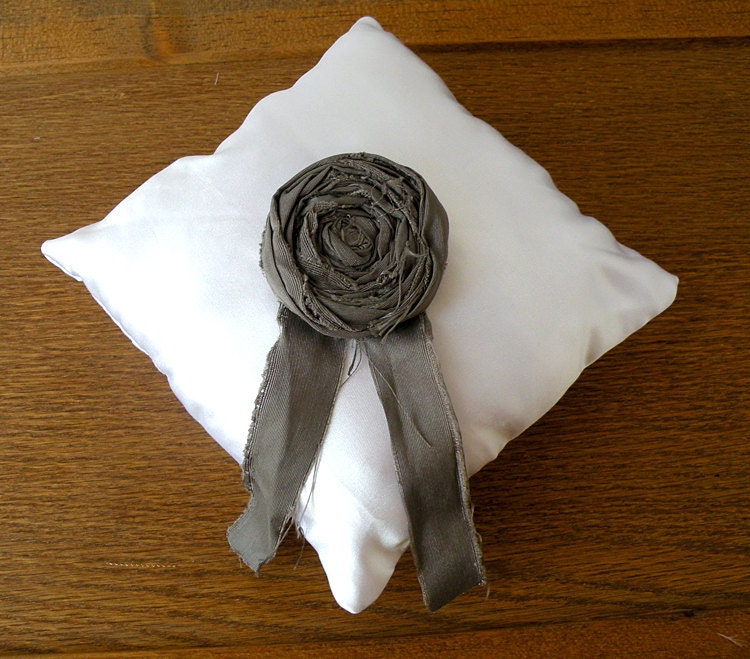 White satin wedding ring pillow with dove grey rosette From nisseworks