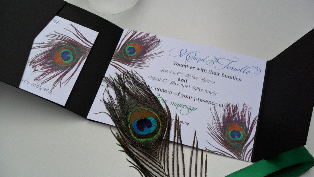 Pocketfold Peacock Feathers Wedding Invitations with Peacock Feather