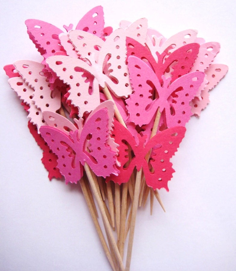 24 Mixed Pink Medium Monarch Butterfly Party Picks Cupcake Toppers 