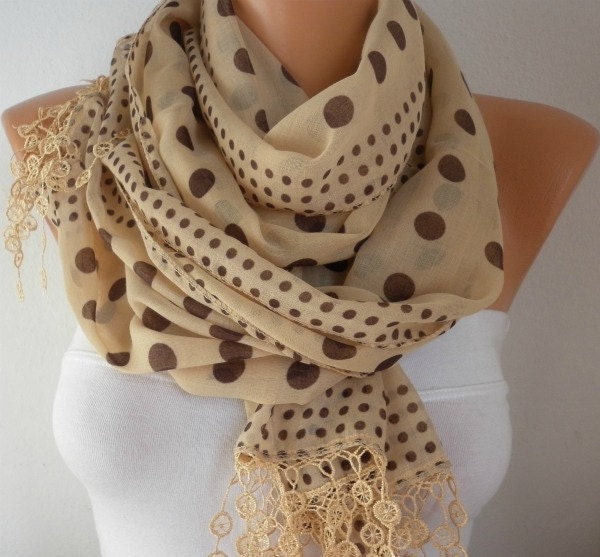 Mustard scarff with large and small brown polka dots