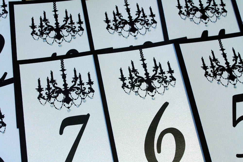 Set of 10 Black and Ivory Wedding Table Numbers with Chandelier with 