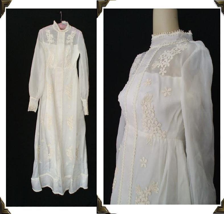 White Appliqued Lace Vintage 1960 39s Empire Waist Wedding Dress XS