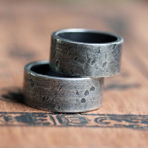 Wide rustic rock texture wedding band 10mm sterling wedding ring set 