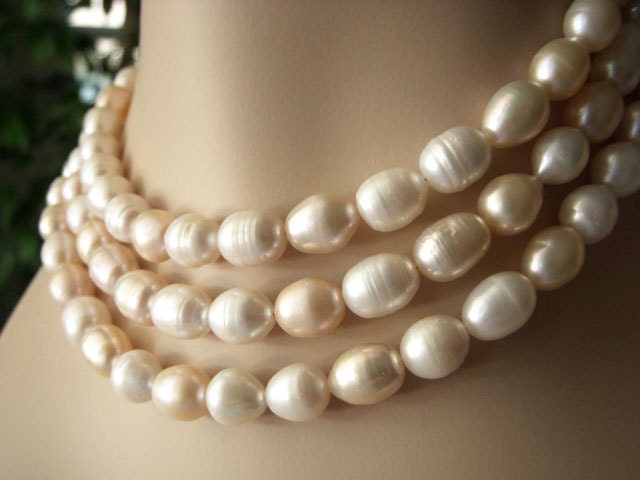 Long Pearl Necklace Ivory White Blush Pastel Pink Peach Freshwater Pearl