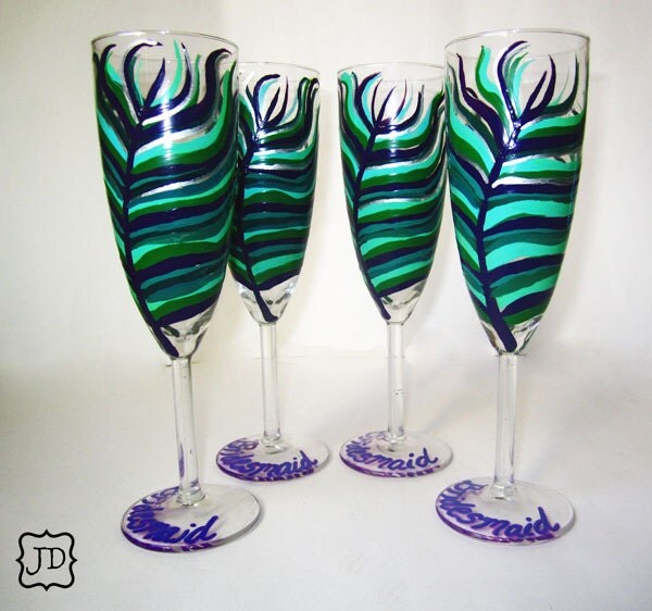 Peacock Champagne Glasses 4 Piece Customized Bridal Collection peacock 