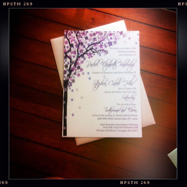 Purple Wedding Invitation Tree and Flowers Vintage Rustic Natural purple 