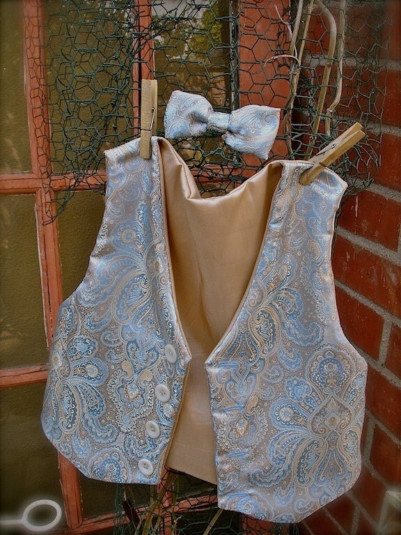 little boys tiffany blue paisley and champagne VEST BOW TIE wedding suits