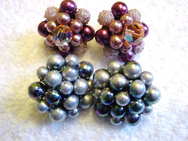 Vintage Faux Pearl Earrings Blue Silver Pink Purple Set of 2