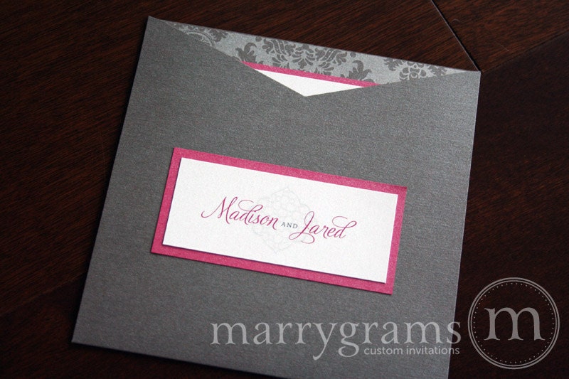 Hot Pink and Gray Wedding Invitations Square Pocket with Monogram