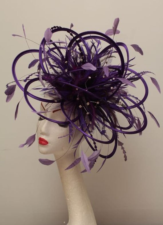Large Cadbury Purple Rhinestone Diamante Feather Fascinator Hat wedding
