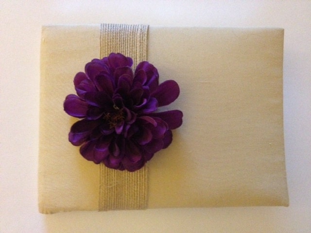 Rustic Wedding Guest Book Silk Royal Purple Zinnia Tea Dyed Muslin and 