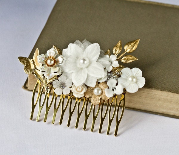 Bridal Hair Accessories Wedding Hair Comb Gold White Flower Hair Piece 