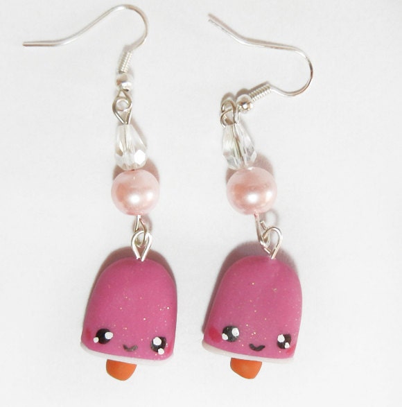 Cute fimo earrings with pink ice cream lolly all handmade in fimo polymer 