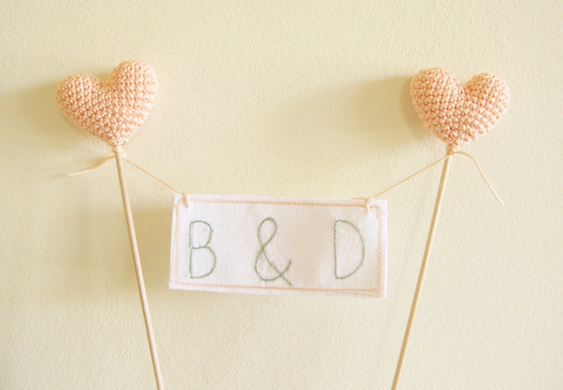 Peach Wedding Cake Topper Personalized Initials with Crocheted Hearts by