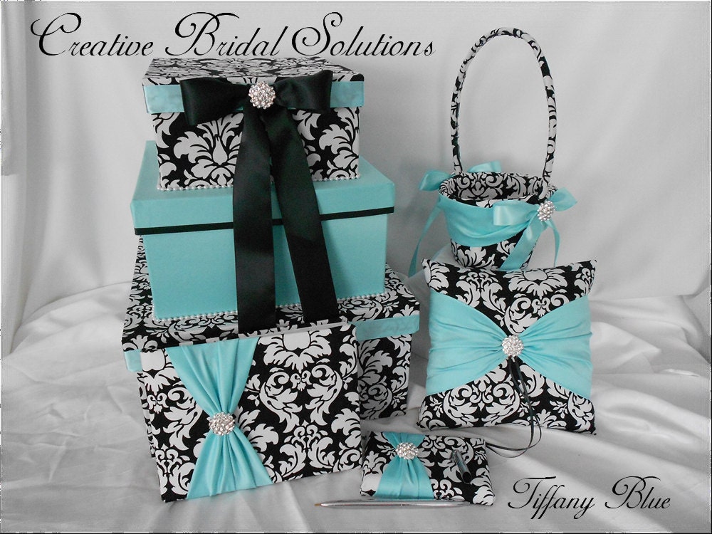Black and White Damask with Tiffany Blue Wedding 5pc Set with Card Box