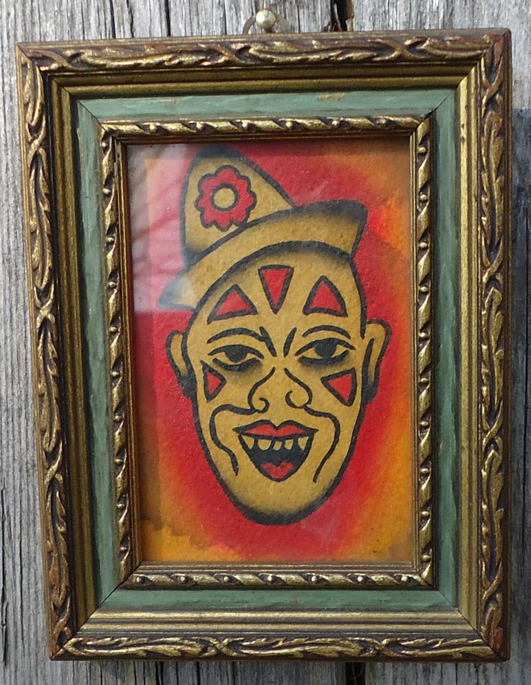 Original Antique Style Traditional American Creepy Clown Framed Tattoo Flash