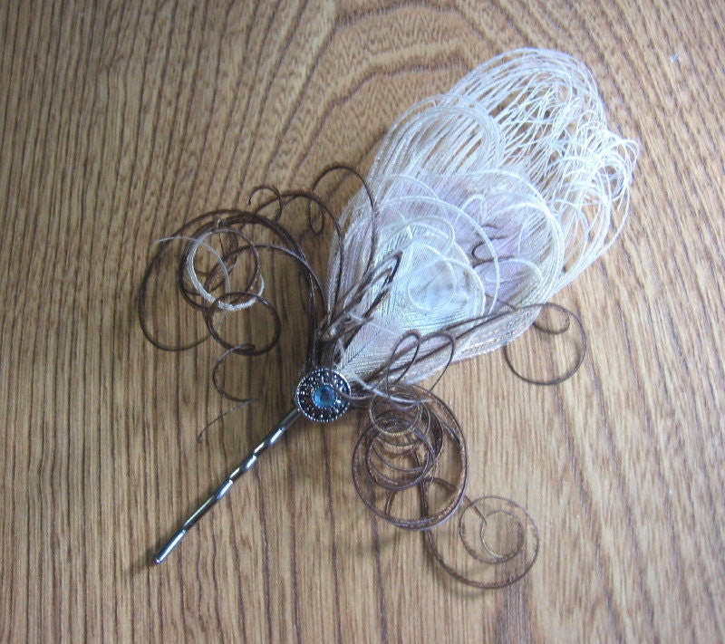 Ivory Peacock Feather Hair Pin for Wedding or Prom