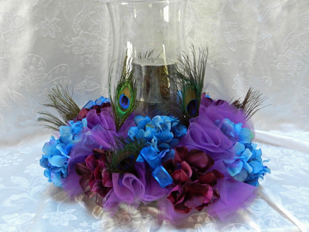 Peacock Feather Wedding Centerpiece Artificial Royal and Eggplant Hydrangeas
