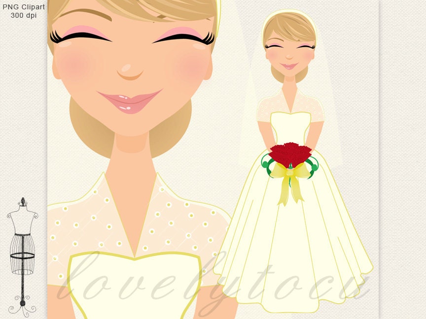 Wedding bride clipart bridal cream dress red roses digital PNG clipart 84