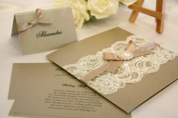 Vintage Lace Wedding Invitation Card mink matching stationery available