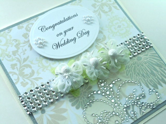Handmade Wedding Card glittered with flowers rhinestone flourishes