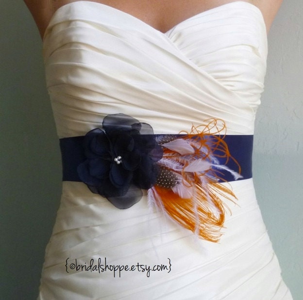 Navy Blue and Orange Peacock Bridal Sash with polkadots and white feather