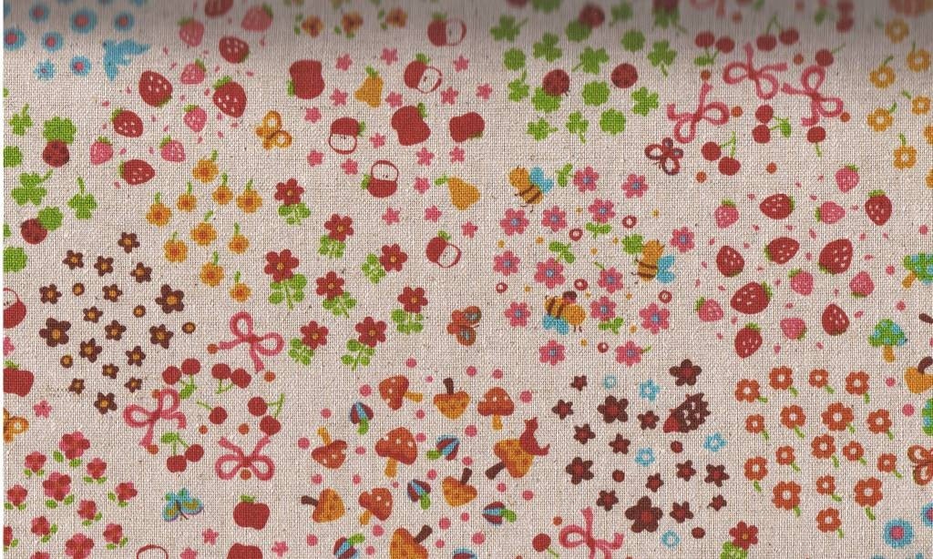 Japanese Flowers and Fruit Natural Cotton Red